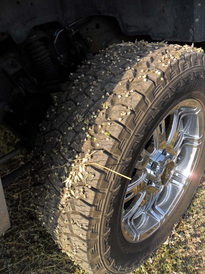 SAM_6208 Goathead Thorns in Truck Tire in Parking Lot Field.JPG