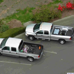 My '03 3500 and my buddy's '99 F250 from the top of the Astoria tower